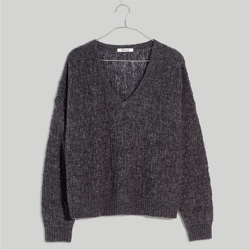 Madewell Alna V-Neck Alpaca Blend Gray Cable Relaxed Sweater